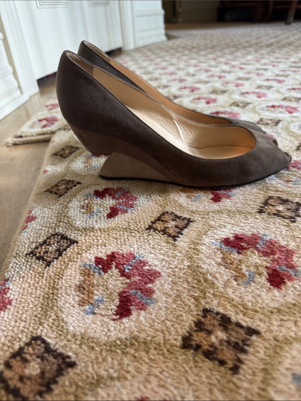 Christian Louboutin Brown Suede Peep-Toe Wedges
